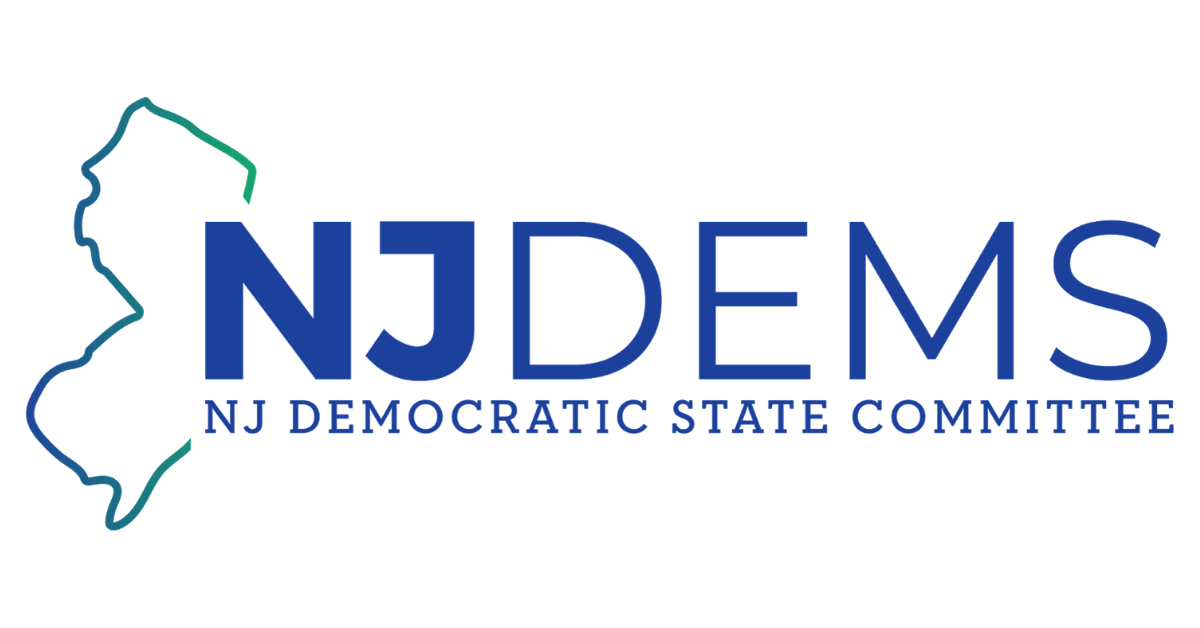 The NJDems (New Jersey Democratic State Committee) Logo. It is a multi-toned blue outline of the state of New Jersey, with two lines of text inset. The upper line in large font says NJDems in all caps; the lower line in smaller, but also all caps font, says "NJ Democratic State Committee".